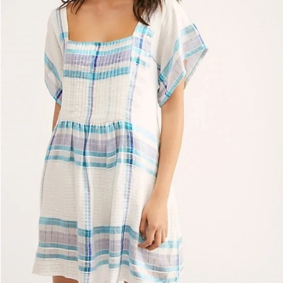 Free People Barcelona Plaid Shimmer Mini Dress Ivory Metallic Stripes Boho - Picture 2 of 11